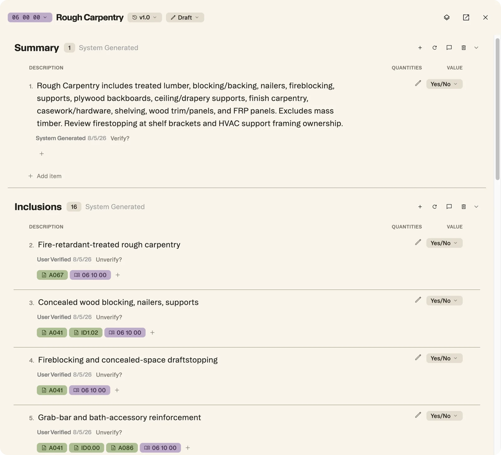 Rough Carpentry scope — summary and cited inclusions