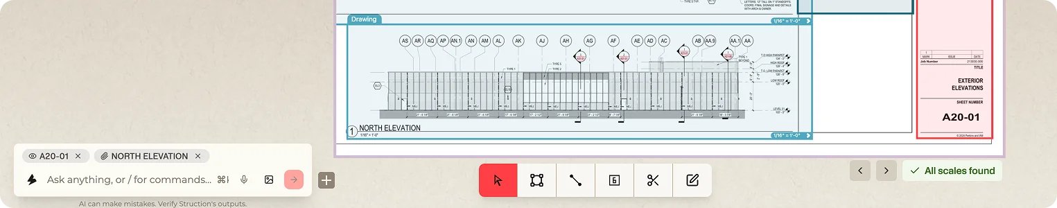 The chat input with a drawing and its North Elevation attached as context chips before sending.