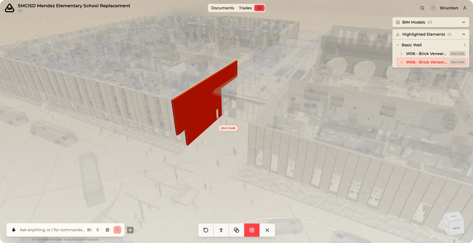 A wall element selected in the 3D Map, with its attributes listed in the Highlighted Elements panel.