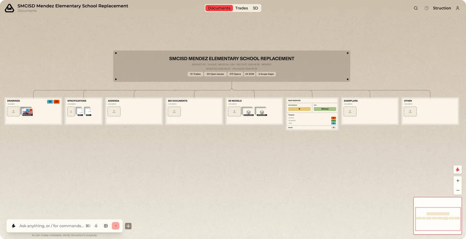 The Document Map: the project's files grouped by type — Drawings, Specifications, Bid Documents, 3D Models, the Risk Register, and more.