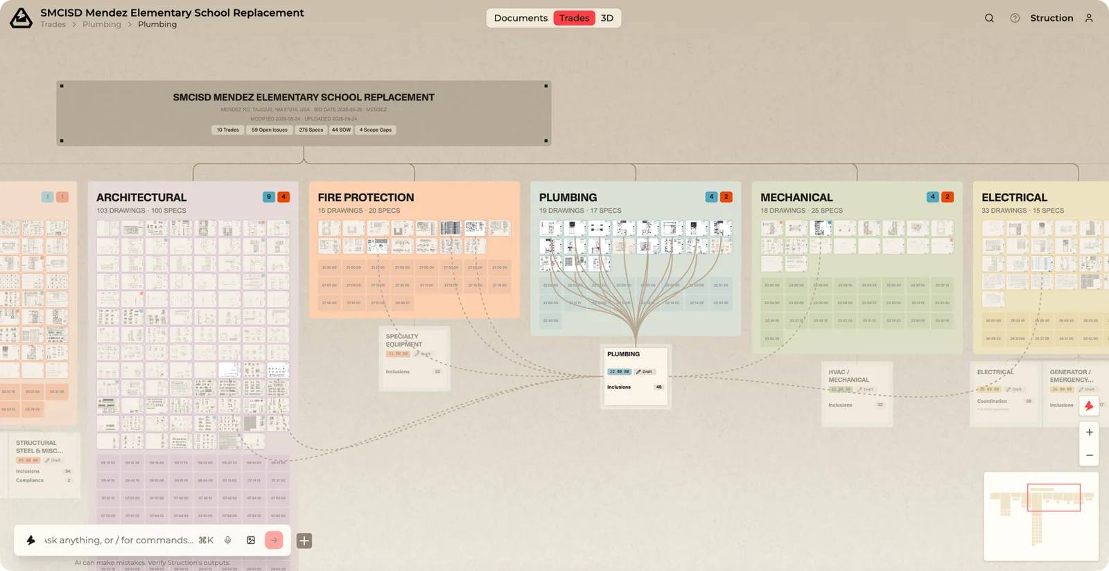 Filtering the map to the Plumbing trade — its sheets brighten and the connections to its scope are drawn in, while everything else dims.