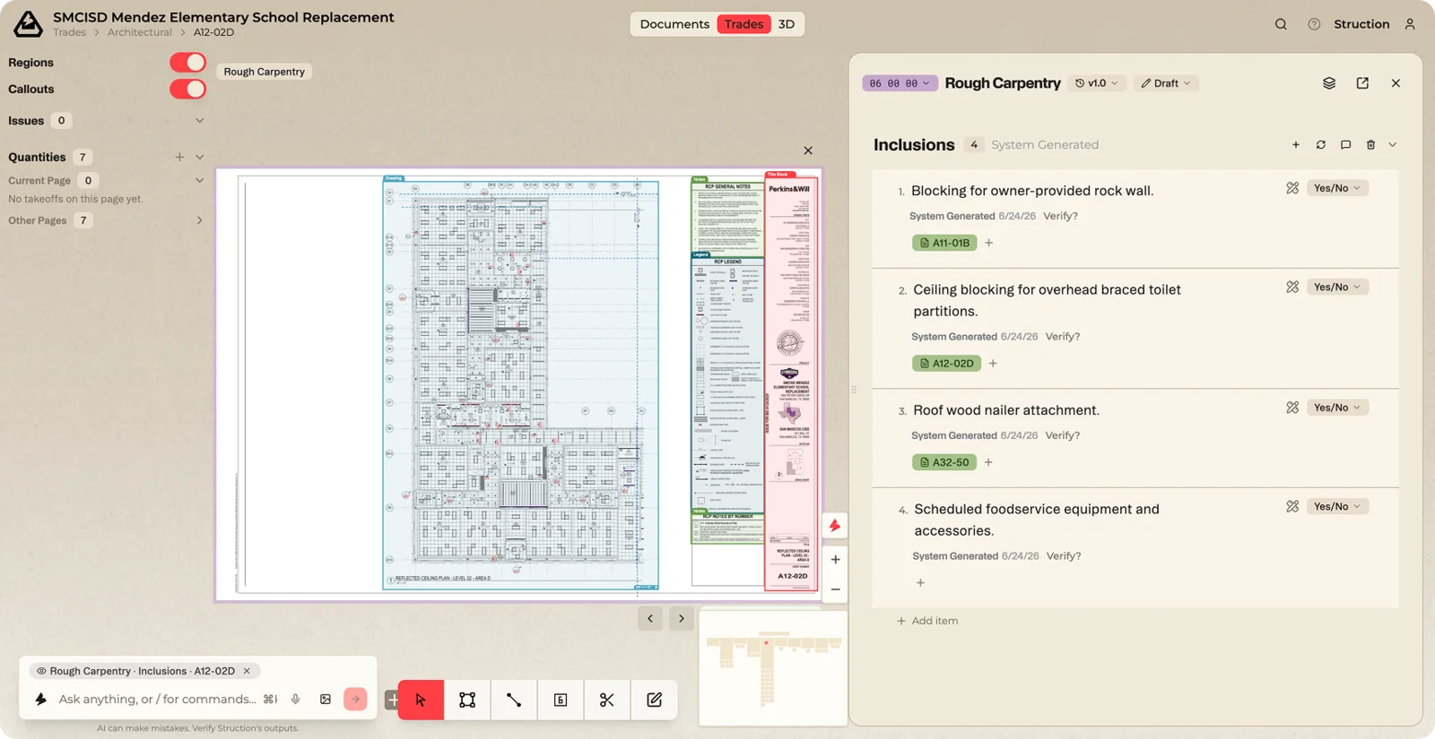 Split-screen: a drawing on the left and a Scope of Work open in the detail panel on the right.