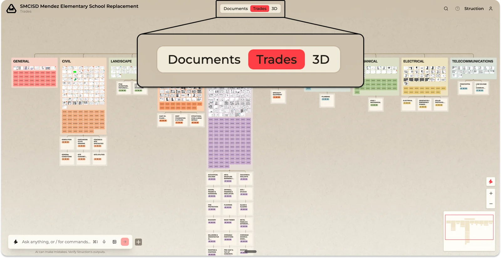 The Documents / Trades / 3D toggle at the top of the map, which switches between the three views of the same project.