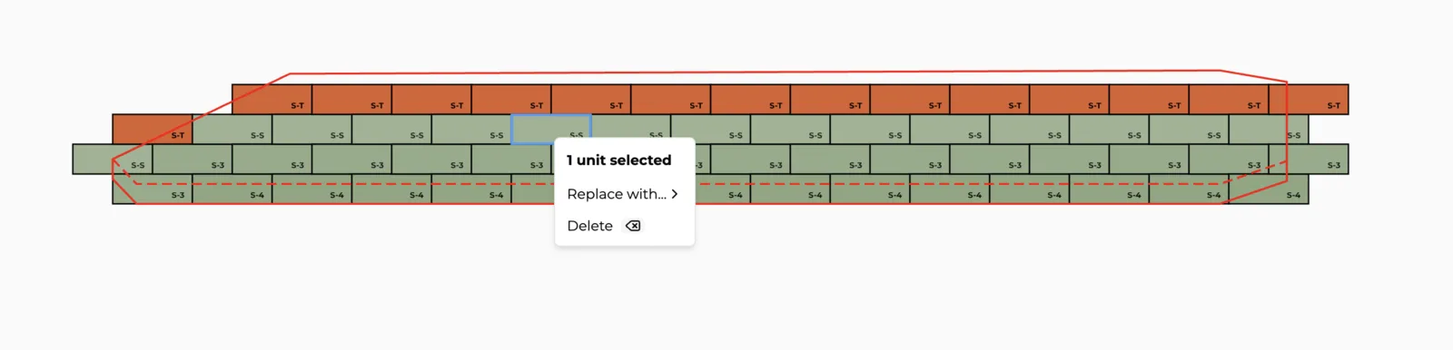 A group of wall units selected by clicking and dragging on the canvas.