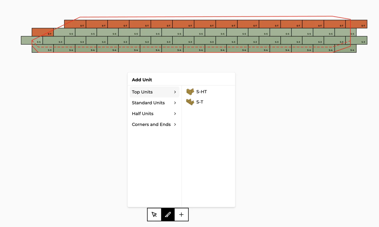 The unit library opened from the + button on the canvas toolbar.