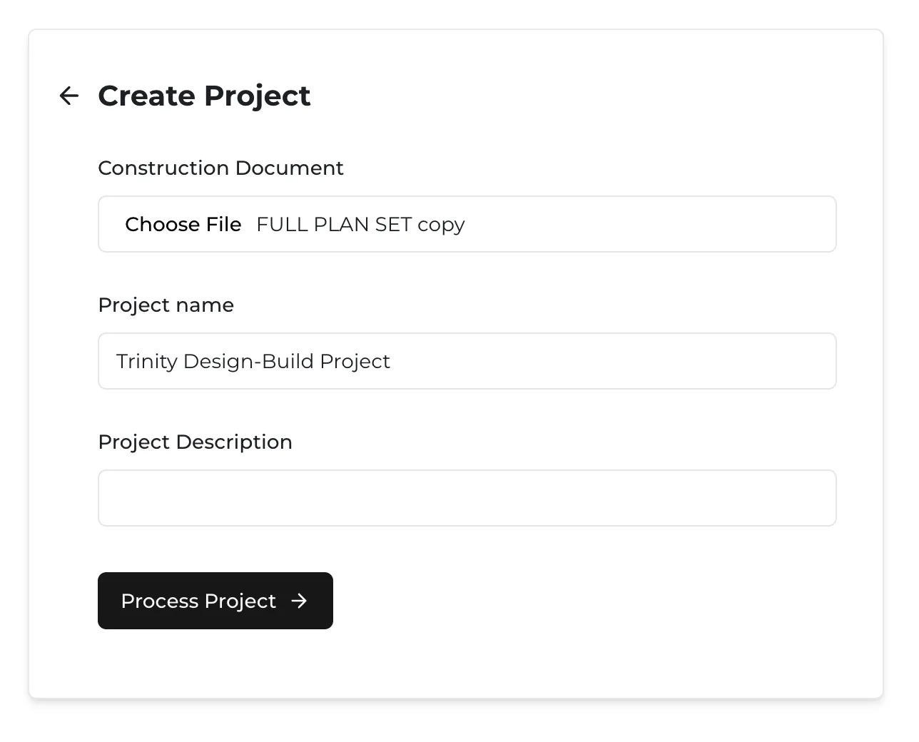 The Create Project form with a construction document chosen and a project name filled in.
