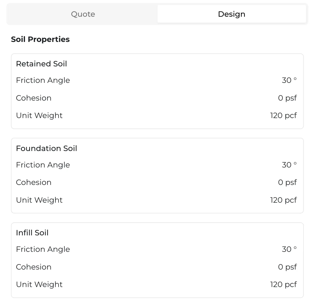 The Design panel with soil properties, methodology, and parameters.