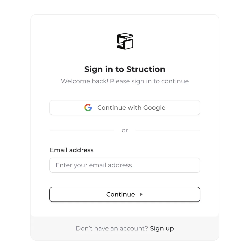 The "Sign in to Struction" page with the "Don't have an account? Sign up" prompt at the bottom.