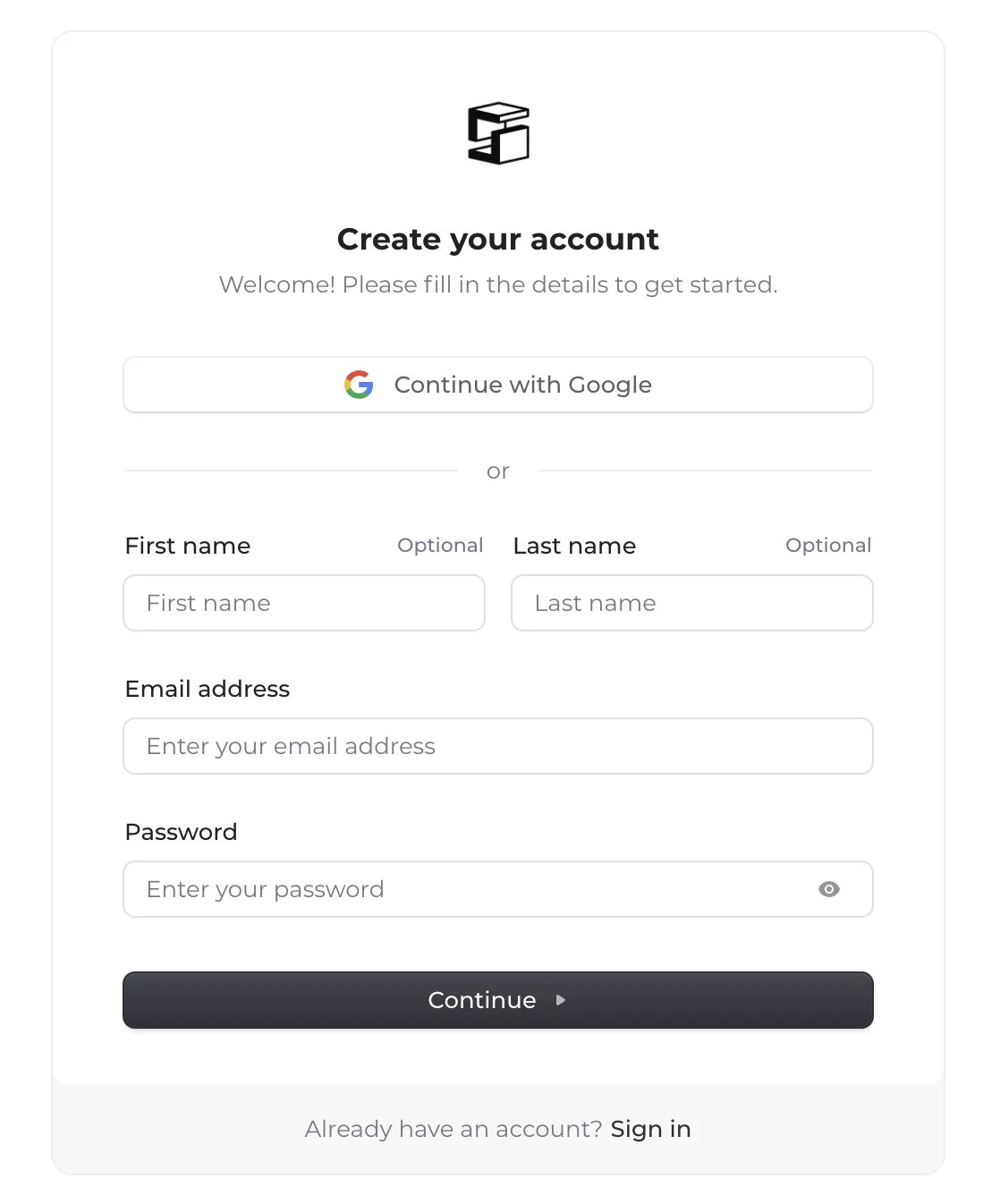 The "Create your account" form with first name, last name, email, and password fields.