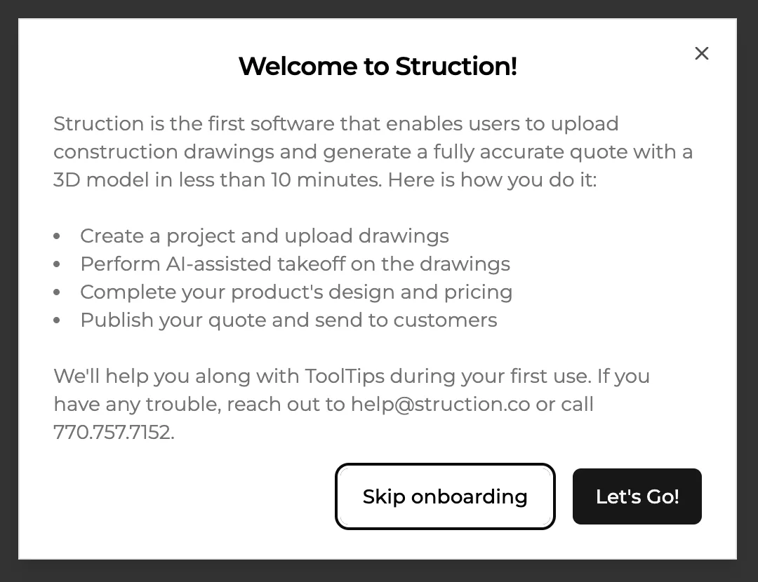 The onboarding prompt shown on first login, with a "Let's Go!" button.