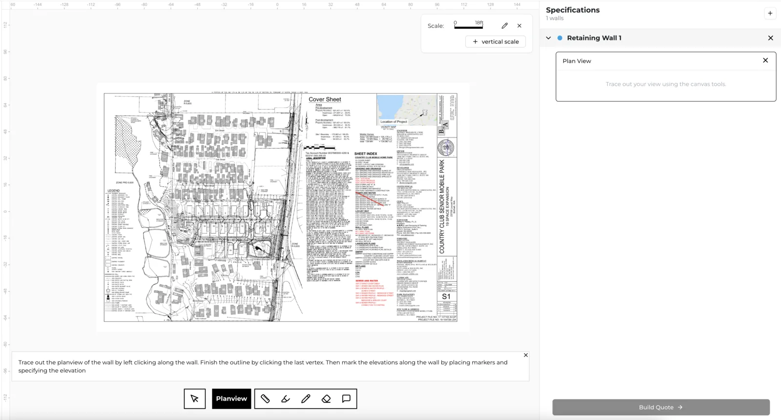 The Plan View component bordered in black, with the Planview tool active in the toolbar.
