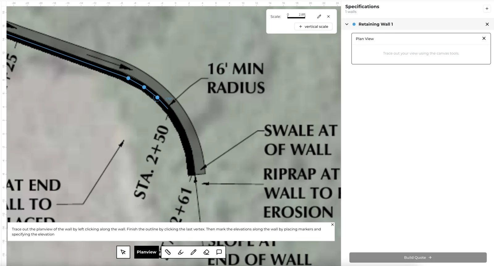 Vertices placed along a retaining wall in plan view to trace its run.