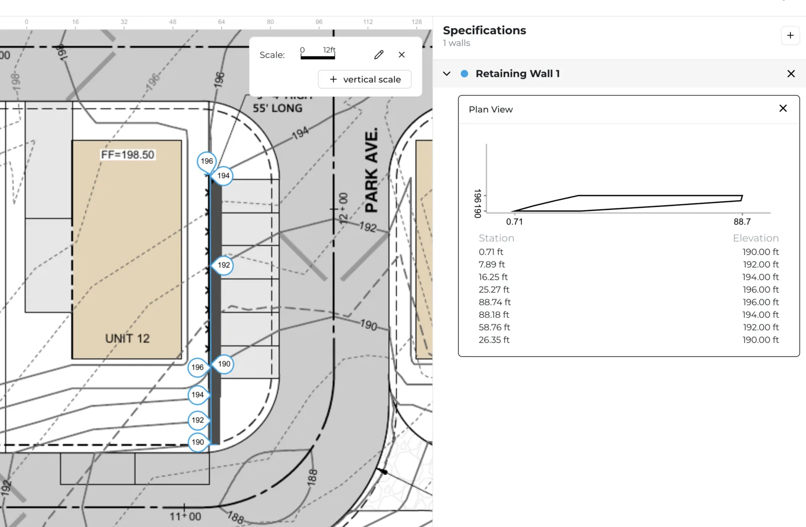 The profile view of the takeoff beneath the specification, used to sanity-check marked elevations.