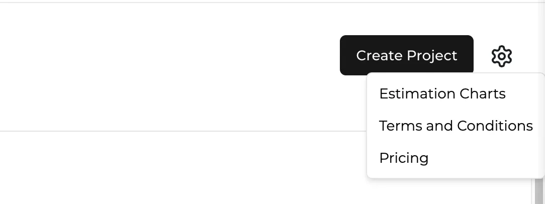 The gear menu beside Create Project, with the Pricing option.