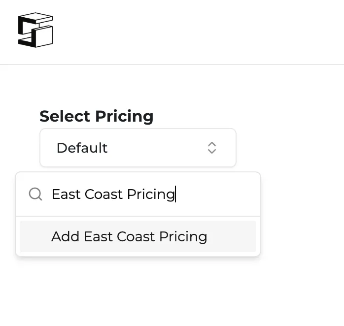 The Select Pricing dropdown with the option to add a newly named pricing table.
