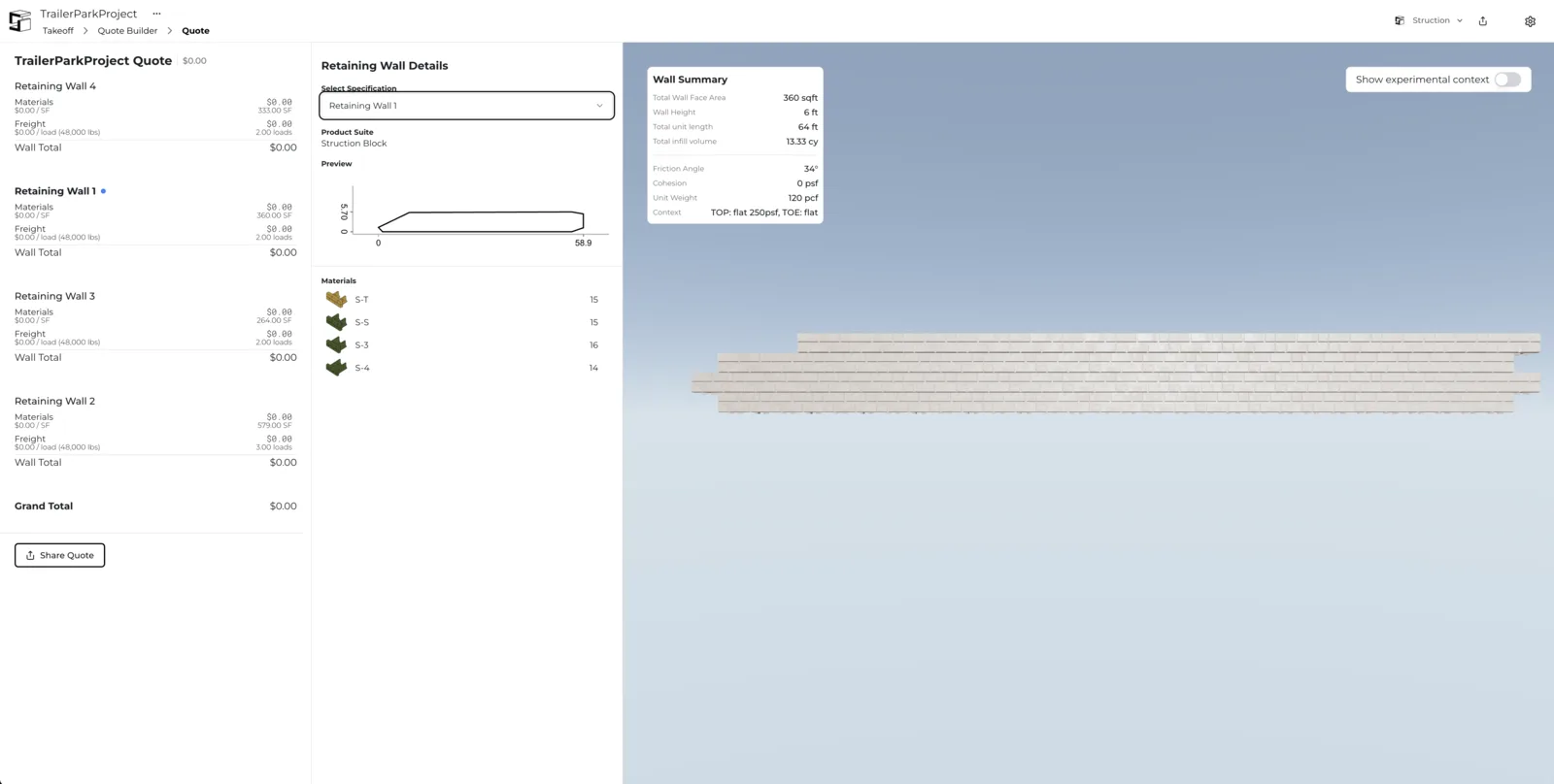 The published quote page with quote details, material counts, and an interactive 3D model.