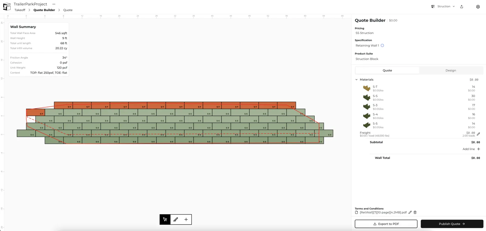 The Quote Builder canvas showing the generated retaining wall.