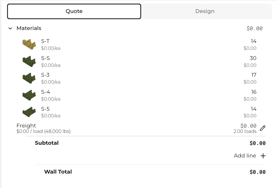 The Quote tab listing unit quantities and prices for the selected wall.