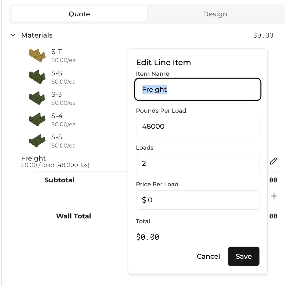 The freight editor with per-truck price and weight capacity fields.