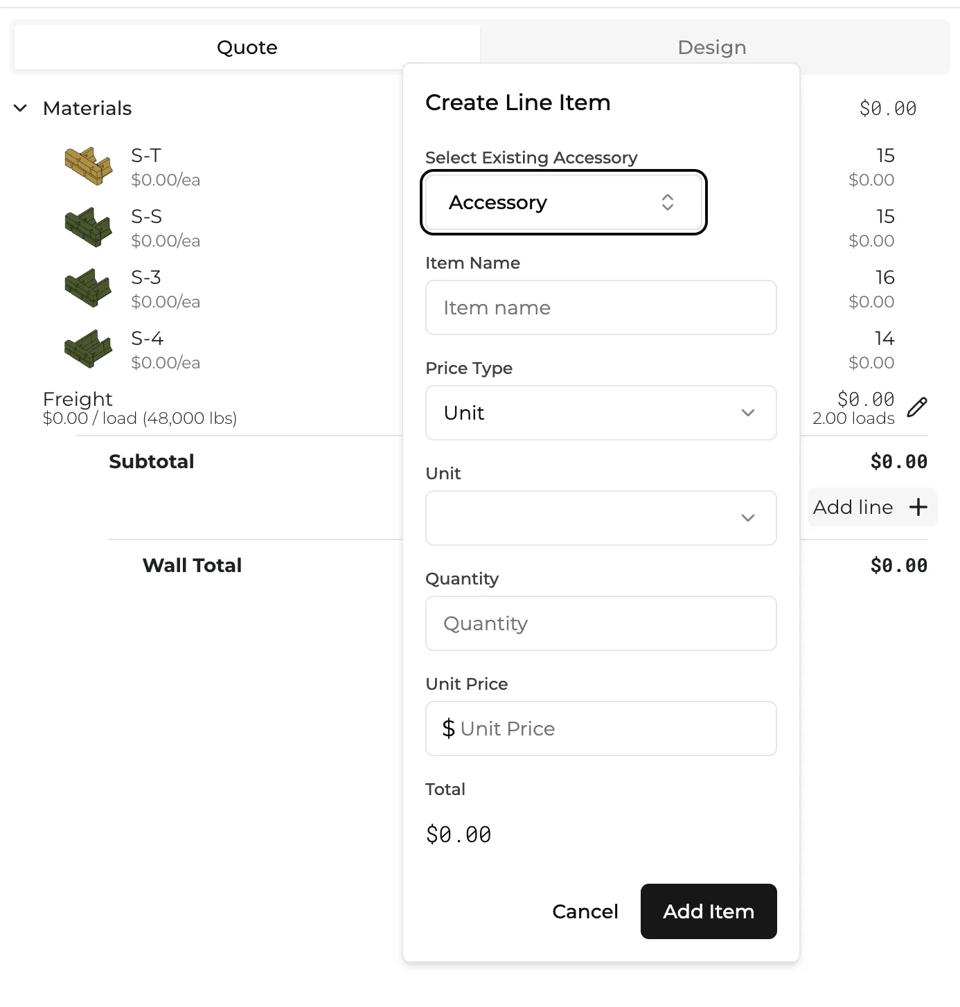 The Add Line control and the form for a new custom line item.