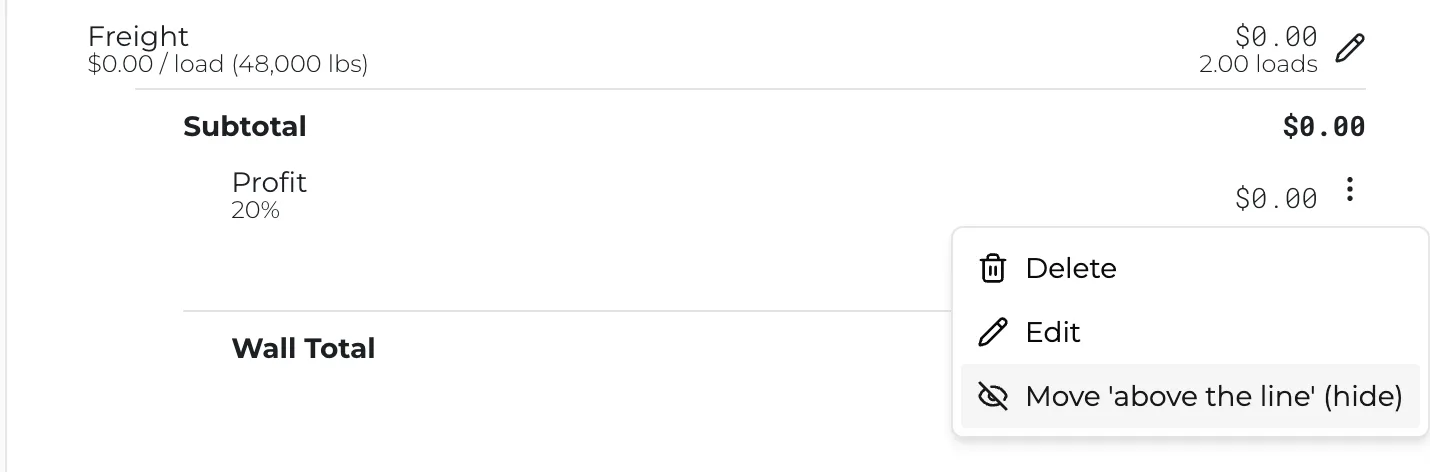 The line-item menu with options to move a line above or below the line.