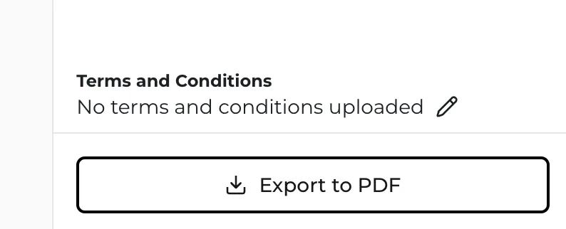 The Terms and Conditions uploader with an Export to PDF option.