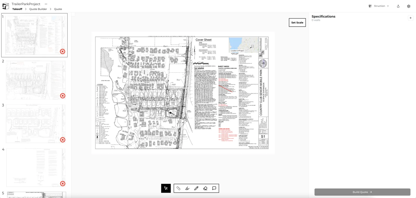 The takeoff page with PDF thumbnails on the left, the PDF viewer in the center, and Specifications on the right.