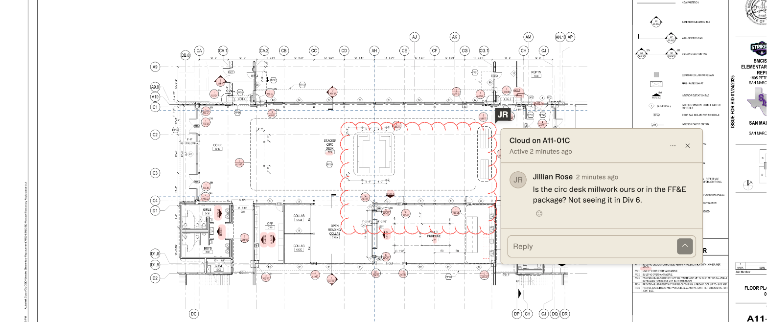 A floor plan with a cloud drawn around the circulation desk and a comment thread open beside it, asking whether that millwork is in this scope.