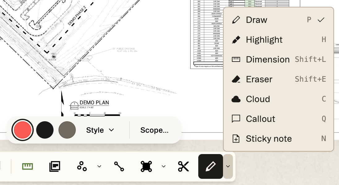 The markup tool menu open on a drawing sheet, listing Draw, Highlight, Dimension, Eraser, Cloud, Callout and Sticky note, each with its keyboard shortcut beside it.