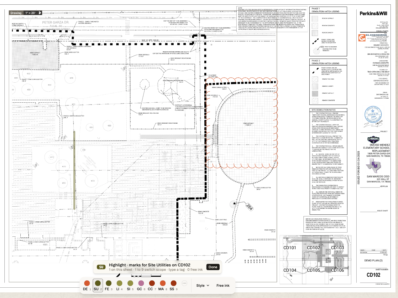 A demolition plan carrying two markups in two different scope colors: an orange cloud around the canopy for Demolition, and an olive highlight along the existing waste line for Site Utilities. The scope bar runs along the bottom with each trade's tag and number, and a banner names the scope being drawn in.